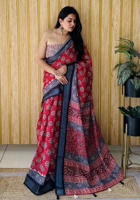 Maroon Printed Linen Saree Set