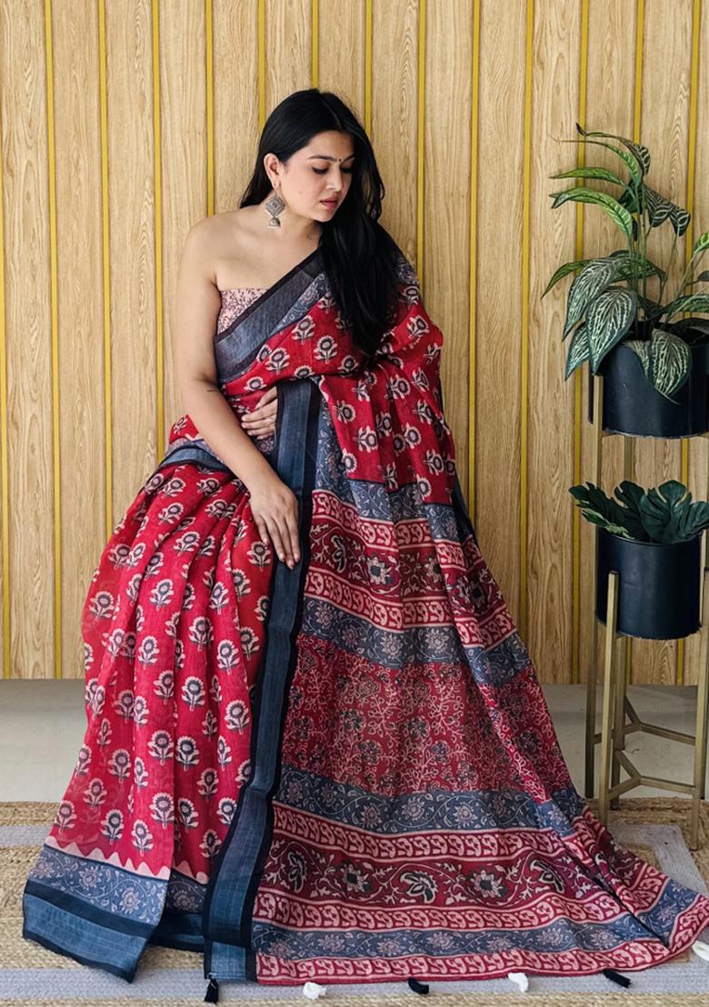 Maroon Printed Linen Saree Set