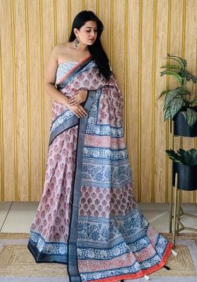 Orange Printed Linen Saree Set