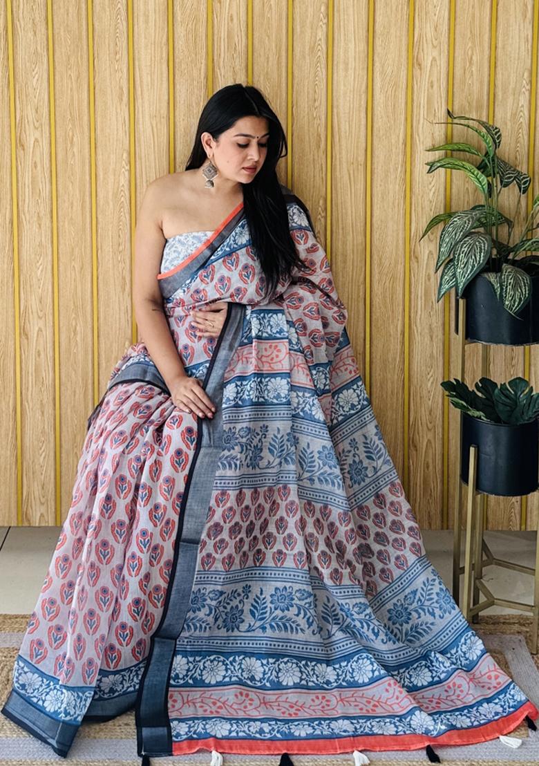 Orange Printed Linen Saree Set