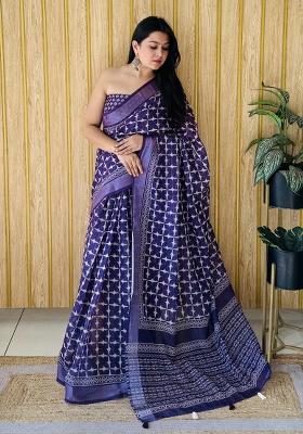 Purple Printed Linen Saree Set