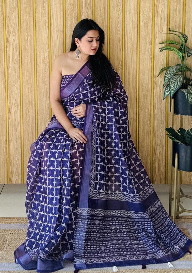 Purple Printed Linen Saree Set