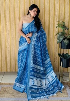 Amber Blue Printed Linen Saree Set