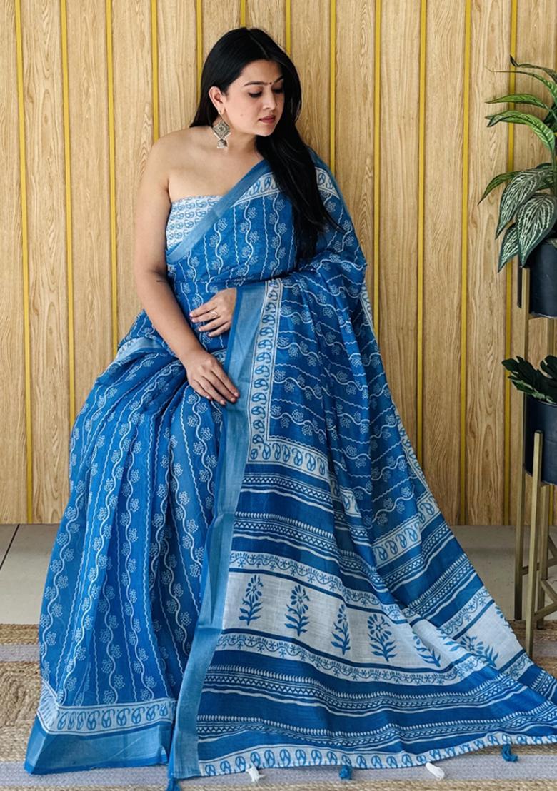 Amber Blue Printed Linen Saree Set