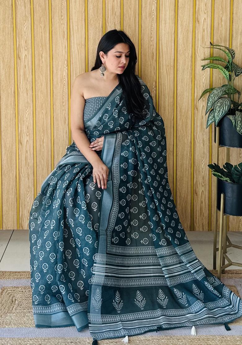 Teal Blue Printed Linen Saree Set