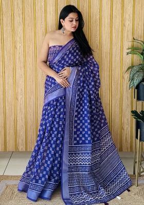 Violet Printed Linen Saree Set
