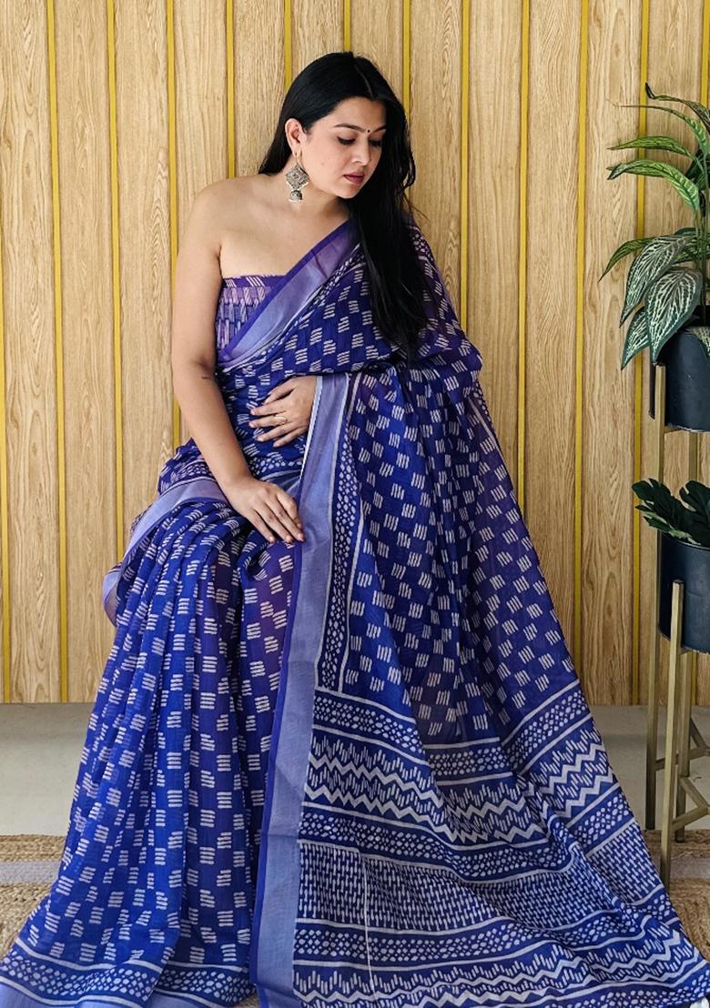 Violet Printed Linen Saree Set