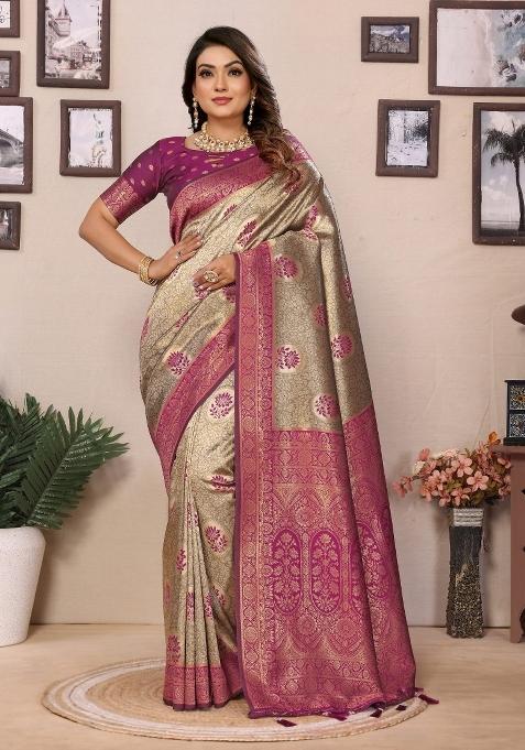 Pink Woven Tissue Saree Set