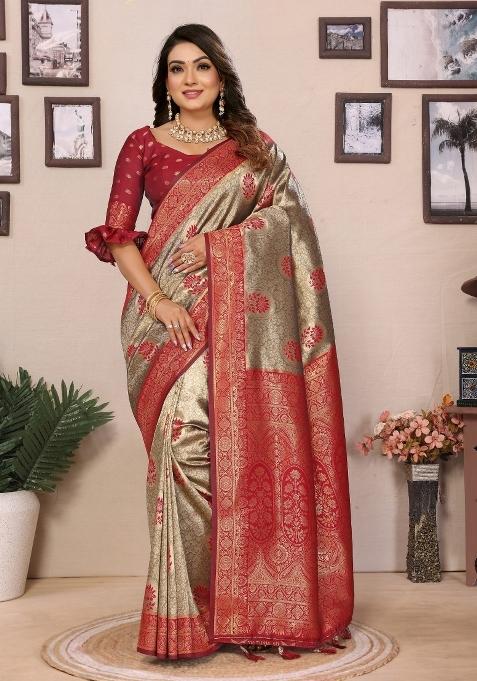 Maroon Woven Tissue Saree Set