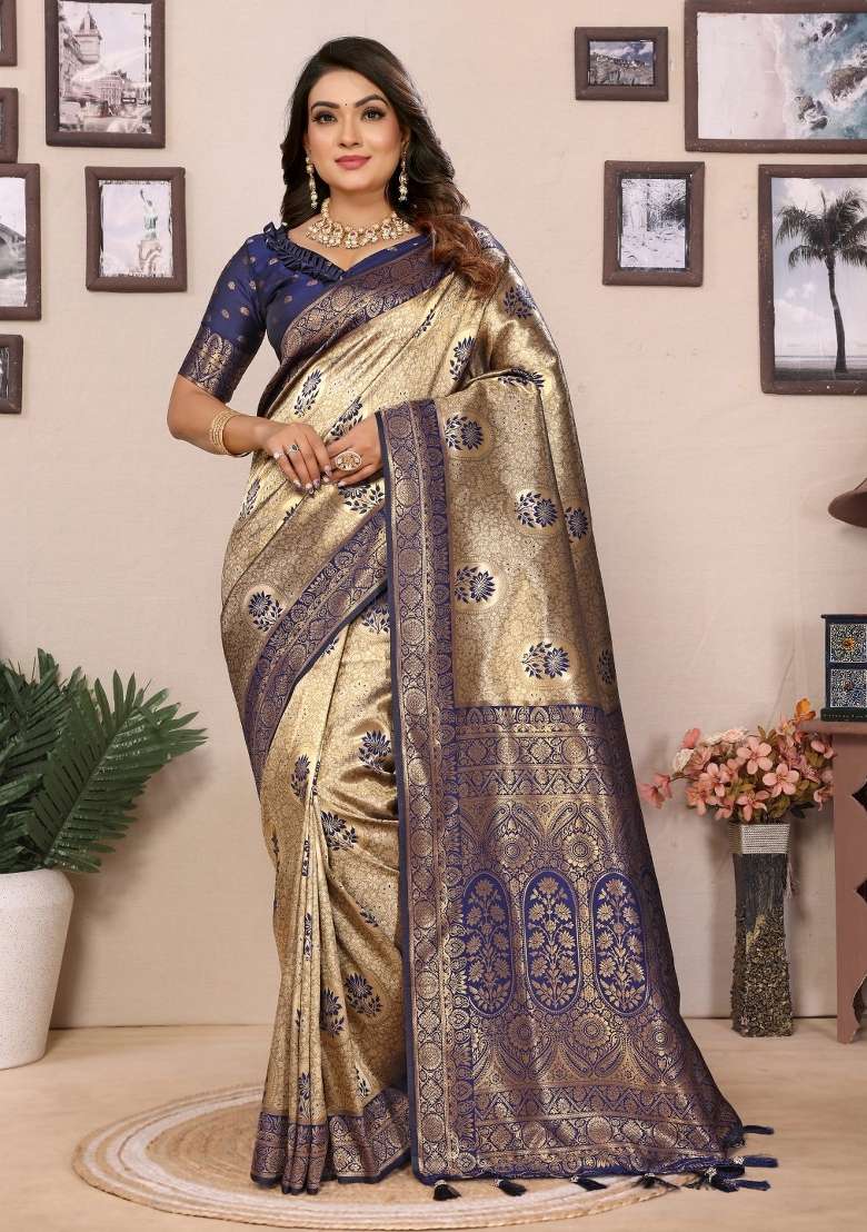Navy Blue Woven Tissue Saree Set - Indya