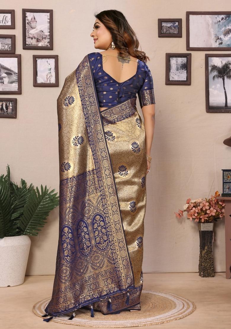 Navy Blue Woven Tissue Saree Set