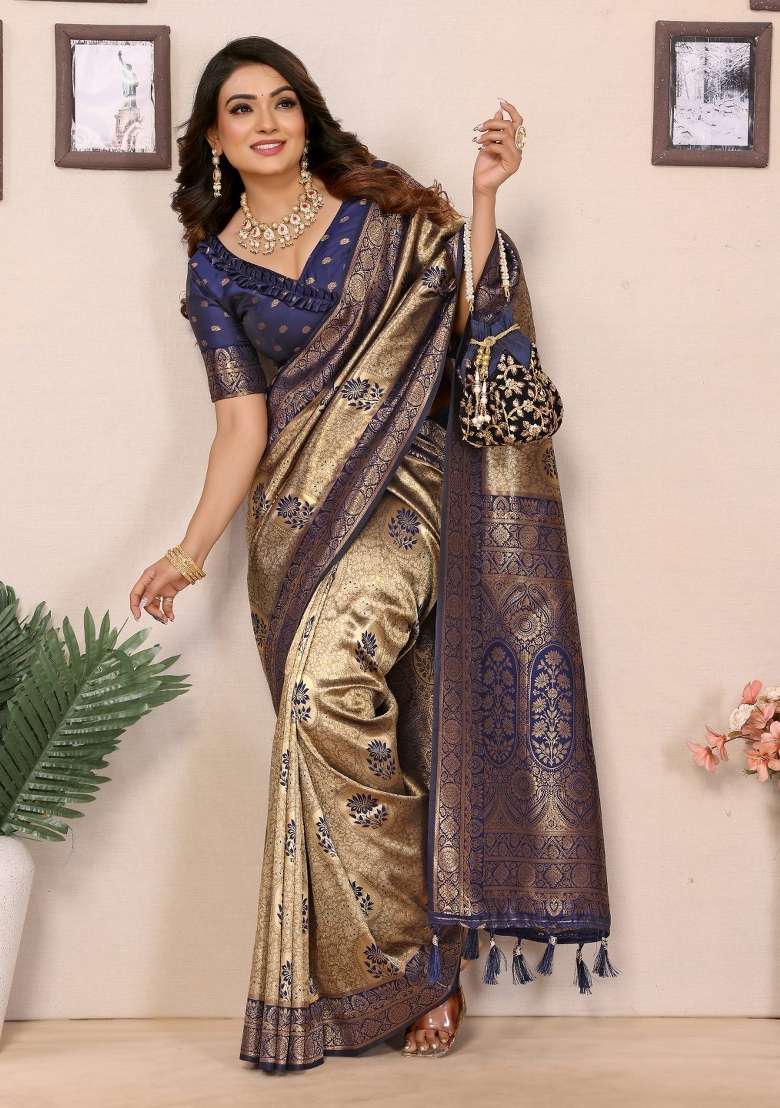 Navy Blue Woven Tissue Saree Set - Indya