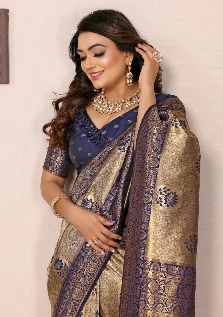 Navy Blue Woven Tissue Saree Set