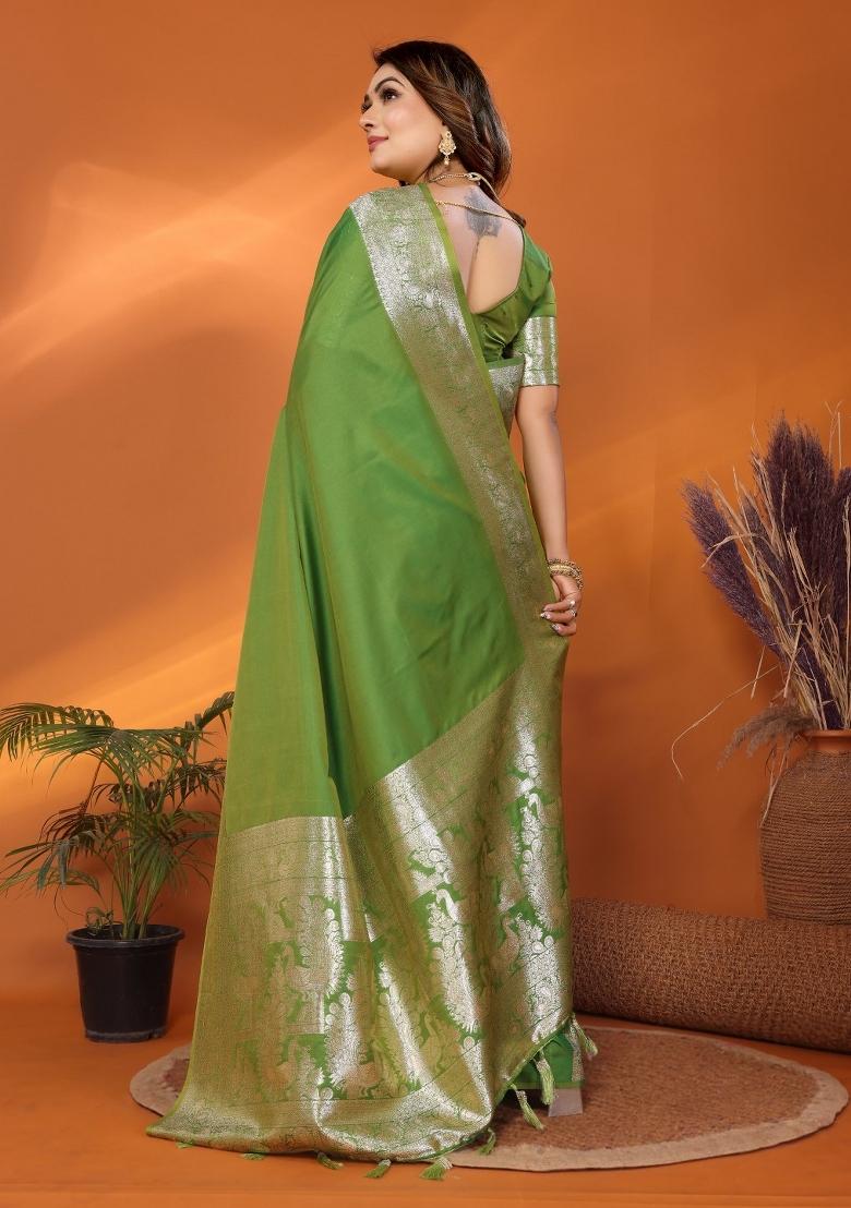 Green Woven Banarasi Silk Saree Set