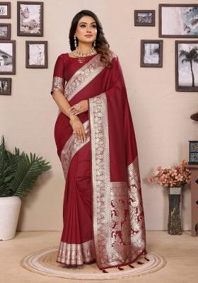 Maroon Woven Banarasi Silk Saree Set