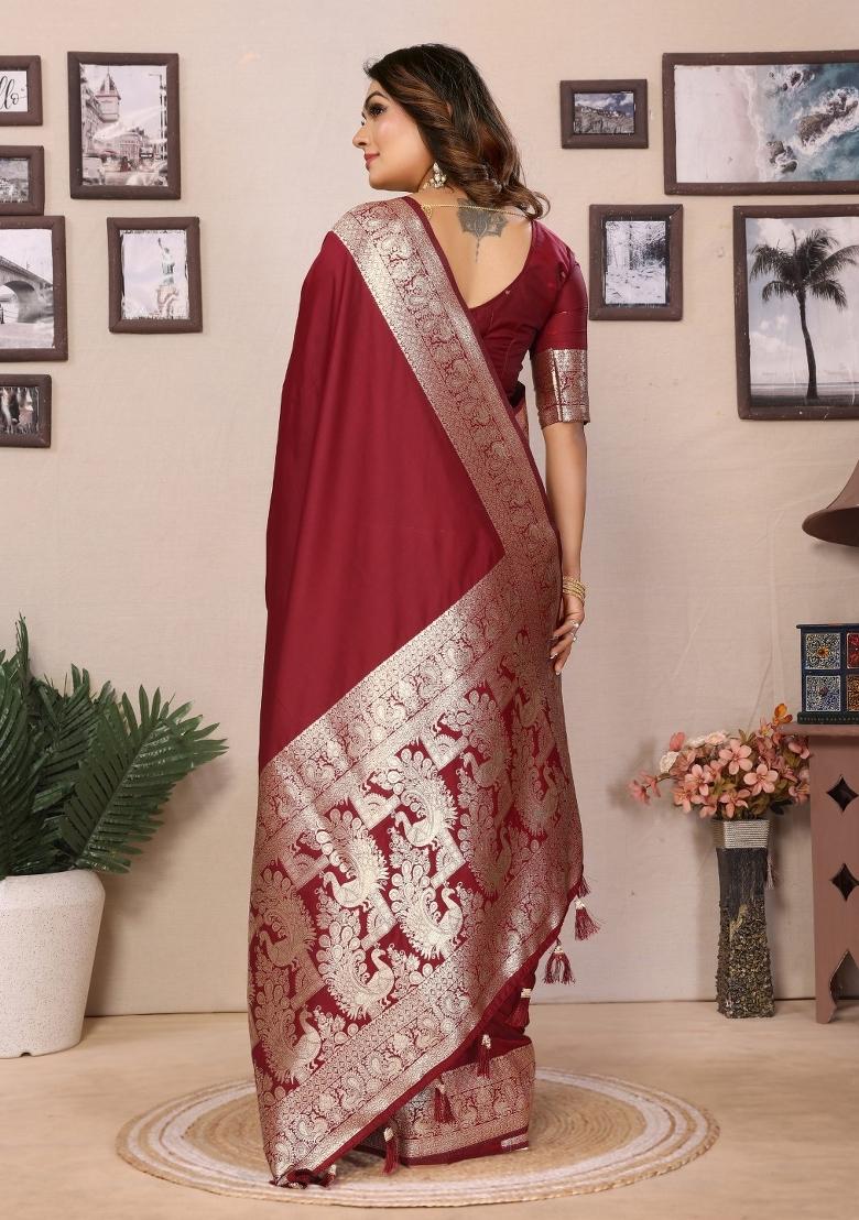 Maroon Woven Banarasi Silk Saree Set