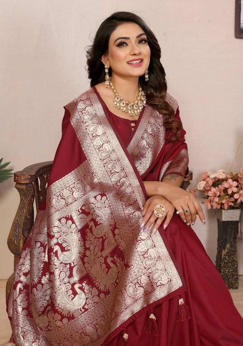 Maroon Woven Banarasi Silk Saree Set