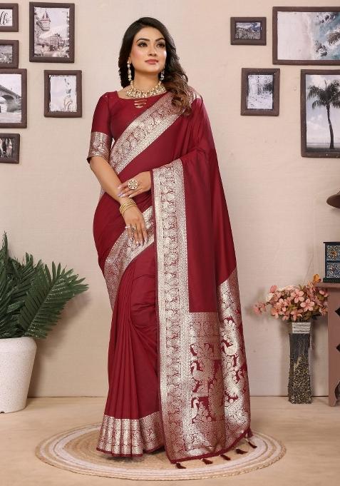 Maroon Woven Banarasi Silk Saree Set