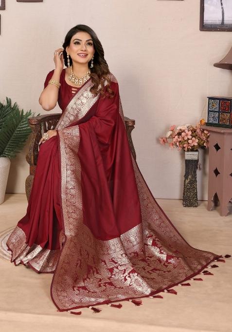 Maroon Woven Banarasi Silk Saree Set