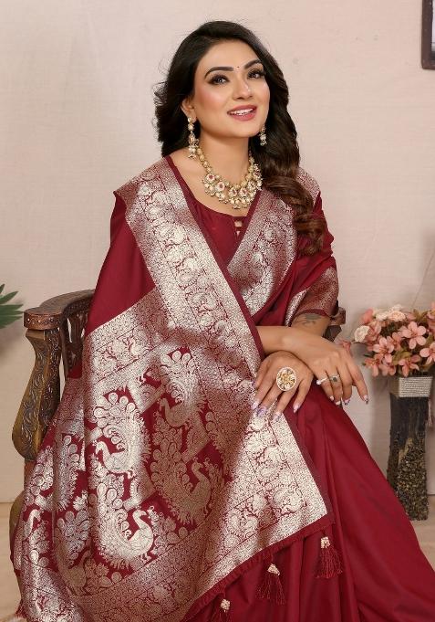 Maroon Woven Banarasi Silk Saree Set