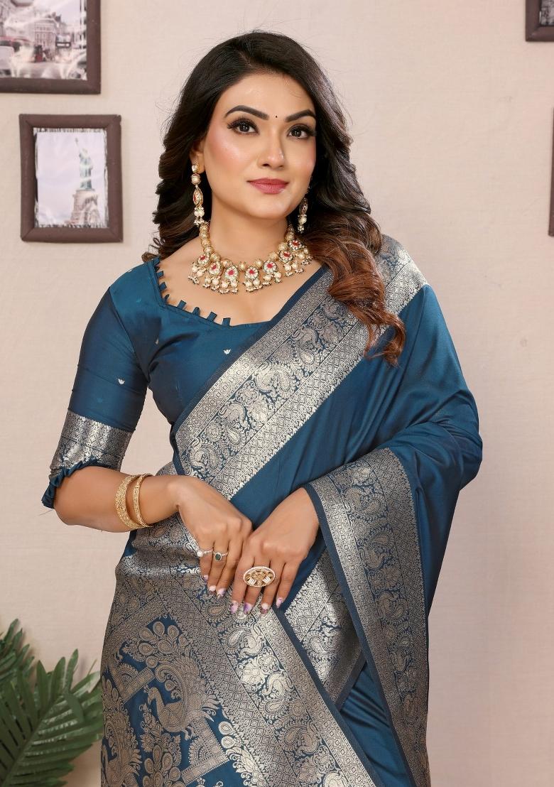 Aqua Blue Woven Banarasi Silk Saree Set