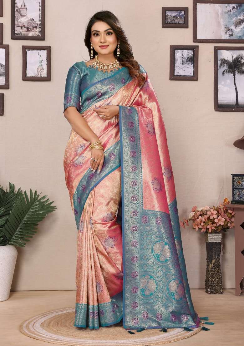 Aqua Blue Woven Blend Banarasi Silk Saree Set for Diwali | Wedding & Festive Wear - Indya