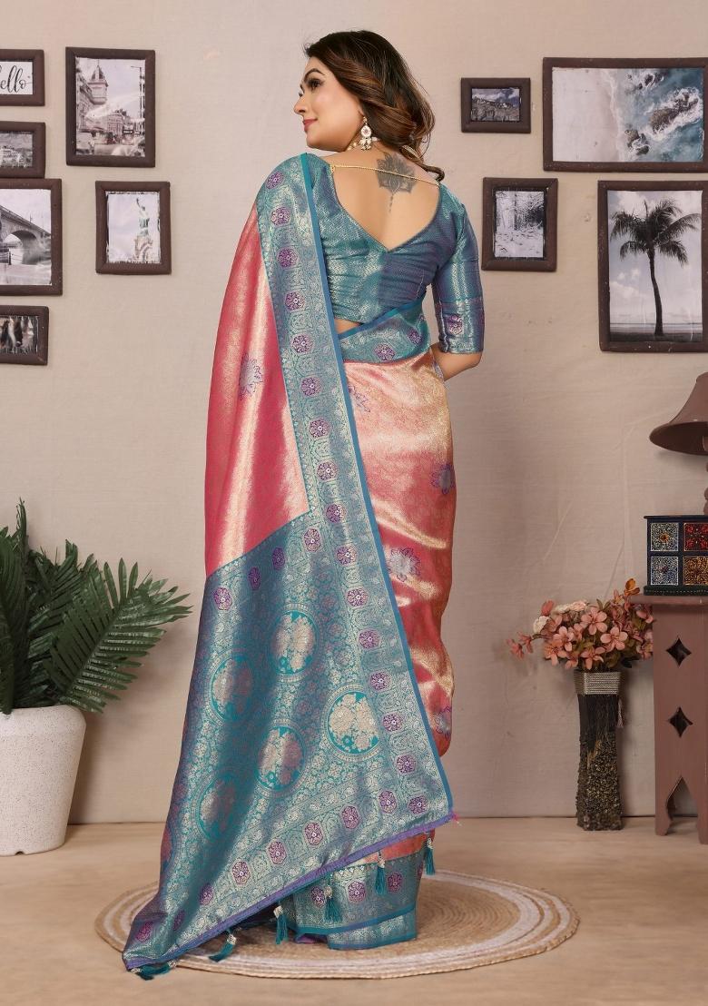Aqua Blue Woven Banarasi Silk Saree Set