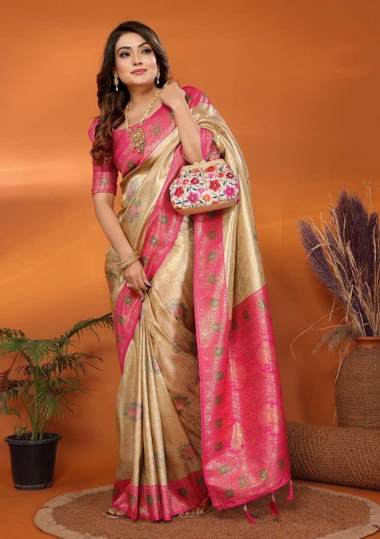Cream Woven Blend Banarasi Silk Saree Set for Diwali | Wedding & Festive Wear - Indya