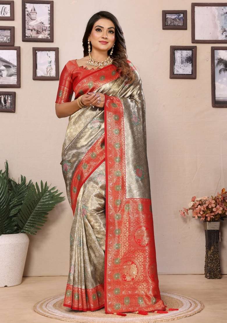 Grey Woven Banarasi Silk Blend Saree Set for Diwali and Festive Wear - Indya