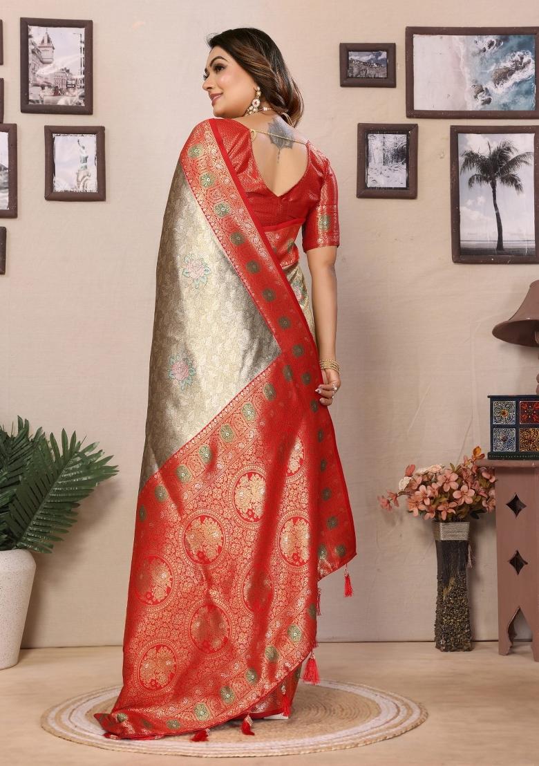 Grey Woven Banarasi Silk Saree Set