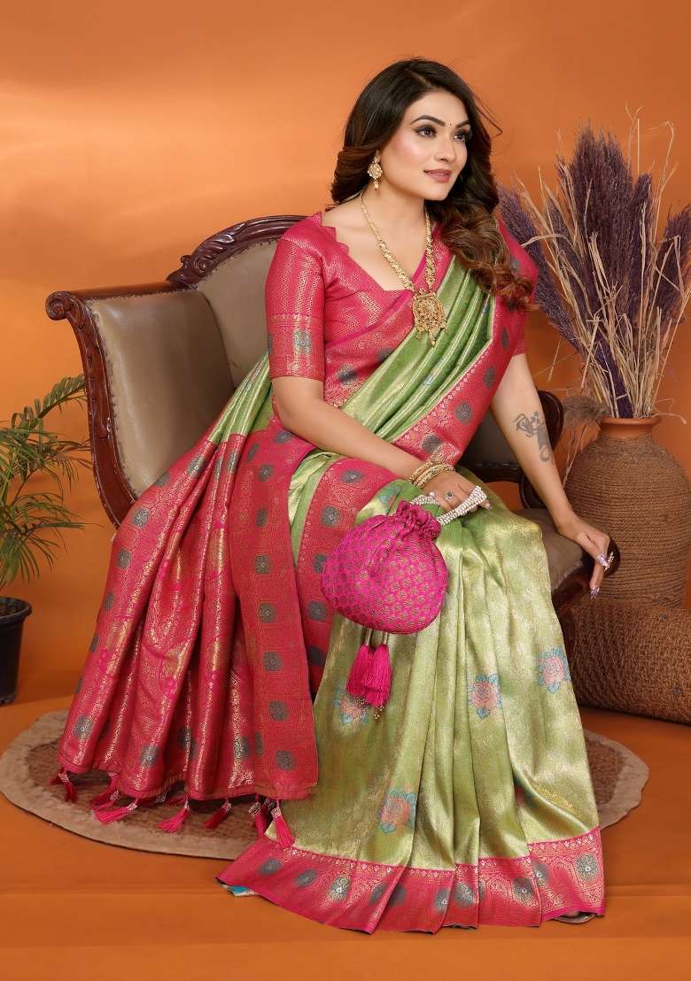 LightGreen Woven Blend Banarasi Silk Saree Set for Diwali | Wedding & Festive Wear - Indya