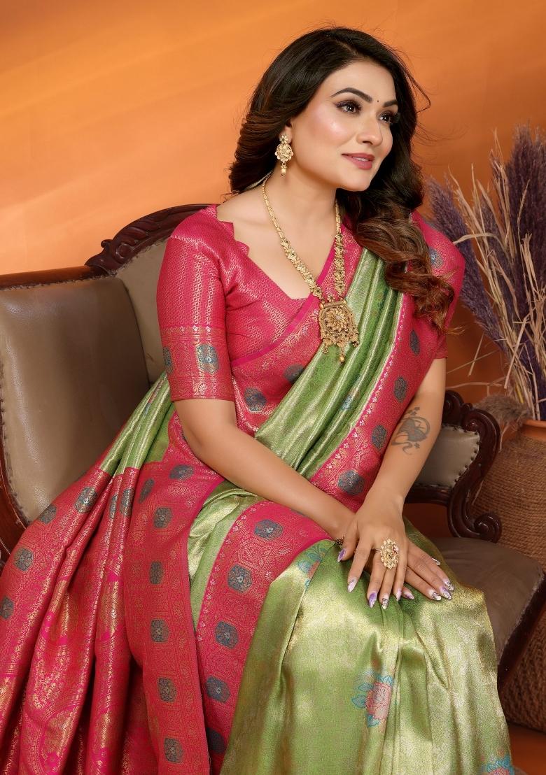 LightGreen Woven Banarasi Silk Saree Set