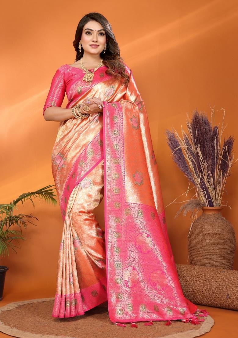 Peach Woven Banarasi Silk Saree Set