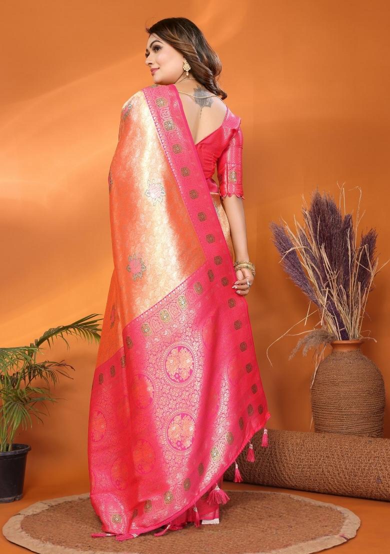 Peach Woven Banarasi Silk Saree Set