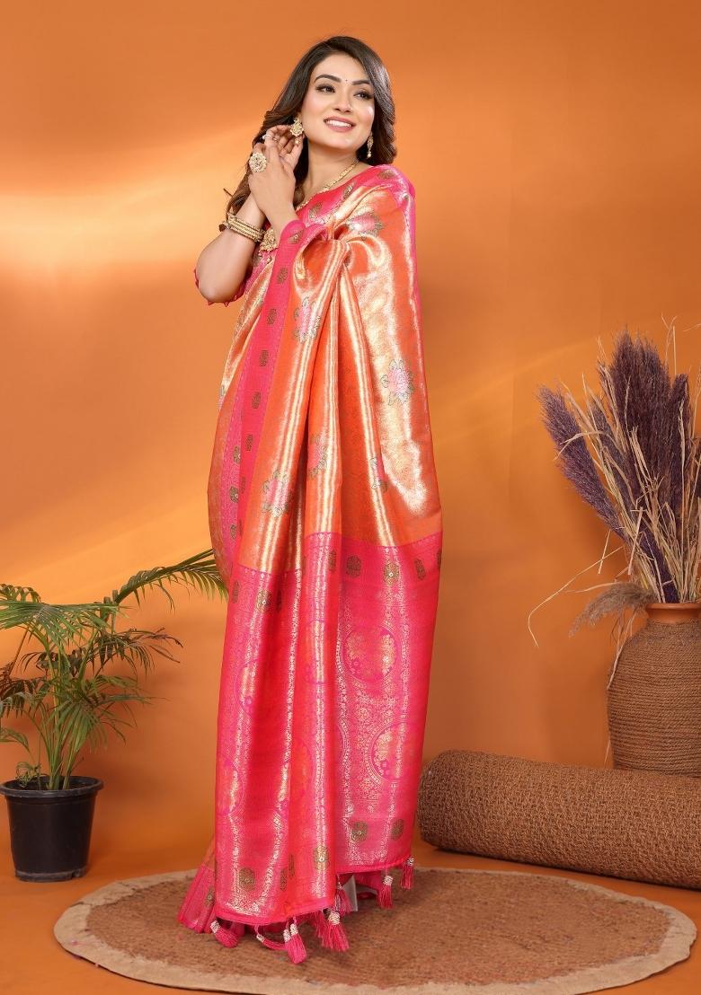 Peach Woven Banarasi Silk Saree Set