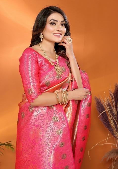 Peach Woven Banarasi Silk Saree Set