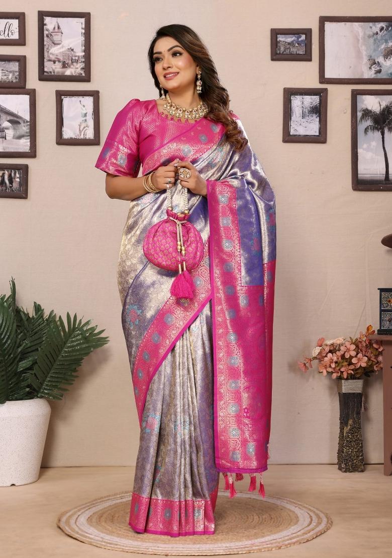 Purple Woven Banarasi Silk Saree Set