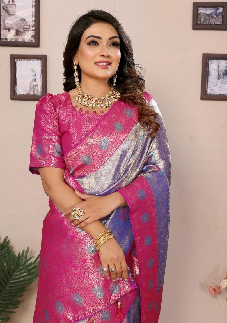 Purple Woven Banarasi Silk Saree Set