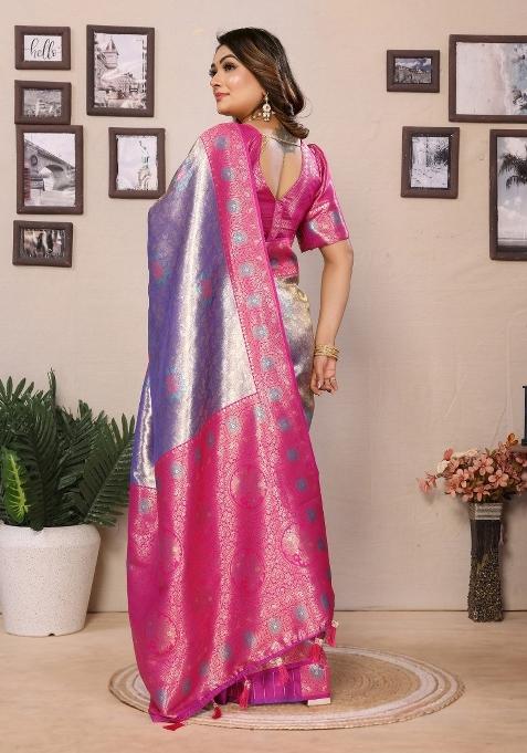 Purple Woven Banarasi Silk Saree Set