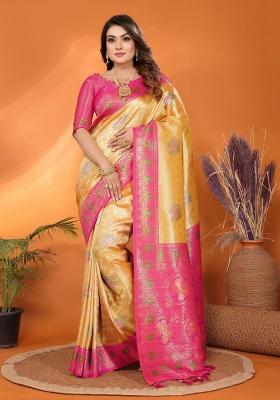 Yellow Woven Banarasi Silk Saree Set