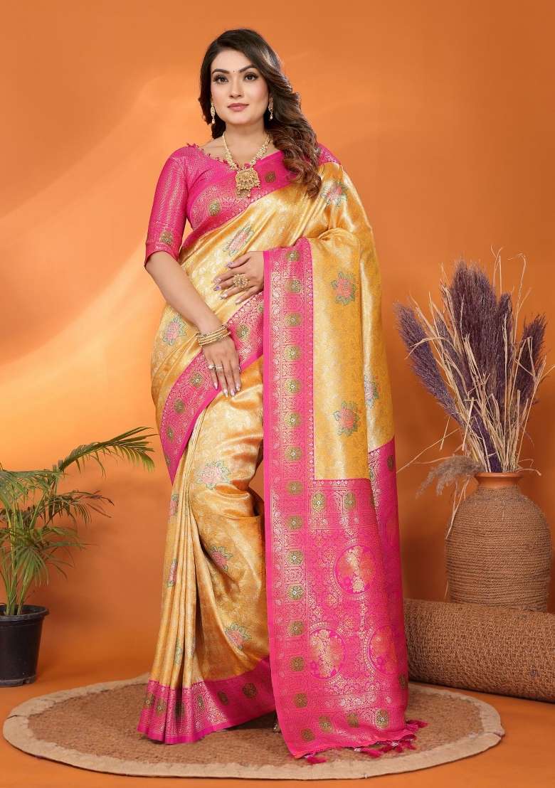 Yellow Woven Banarasi Silk Blend Saree Set - Indya