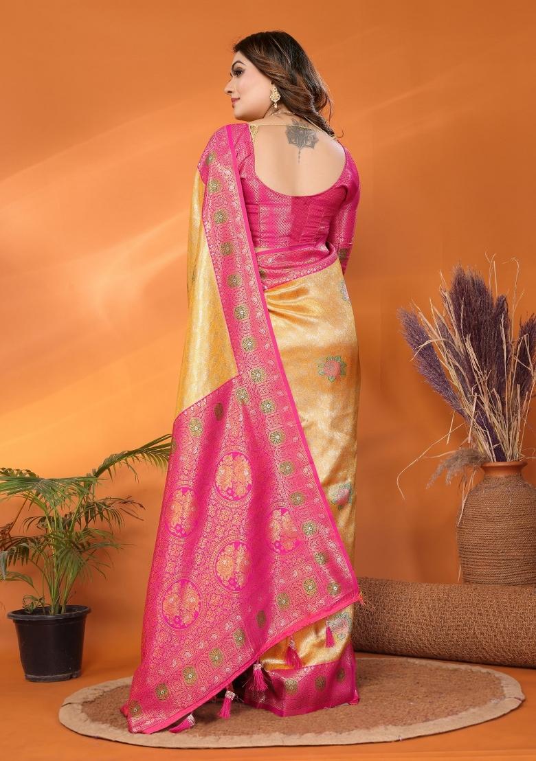 Yellow Woven Banarasi Silk Saree Set