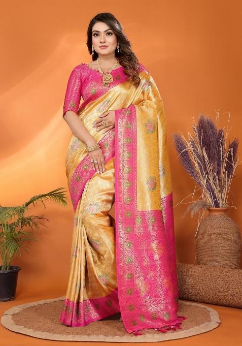 Yellow Woven Banarasi Silk Saree Set