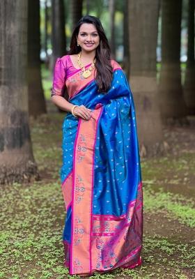 Aqua Blue Woven Silk Saree Set