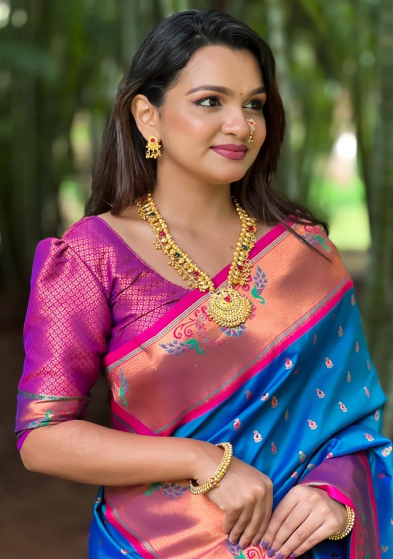 Aqua Blue Woven Silk Saree Set