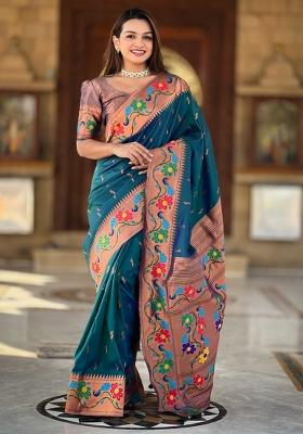 Teal Blue Woven Silk Saree Set