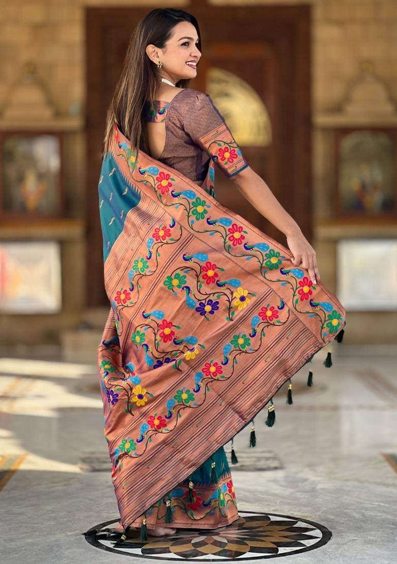 Teal Blue Woven Silk Saree Set