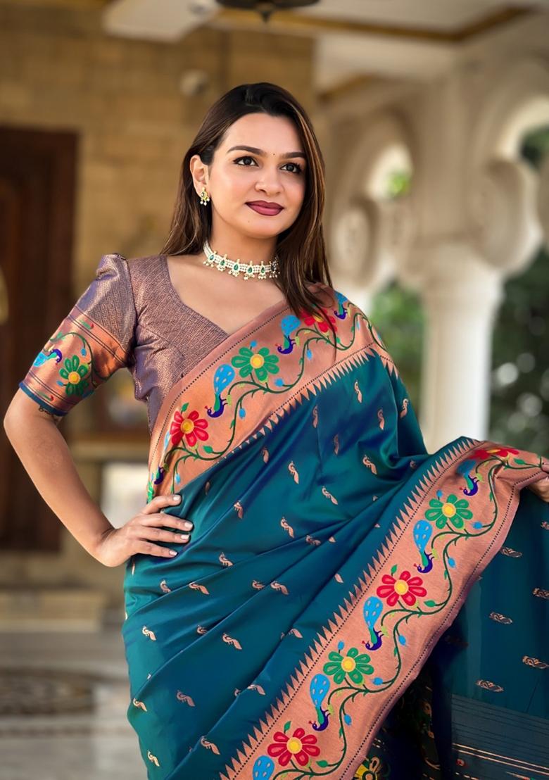 Teal Blue Woven Silk Saree Set