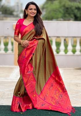 Mehendi Green Woven Silk Saree Set