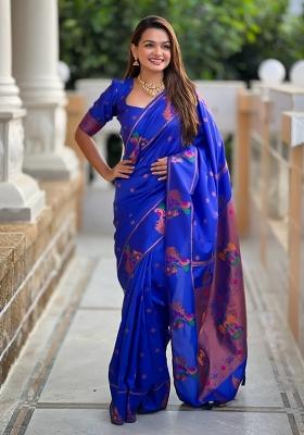 Blue Woven Silk Saree Set